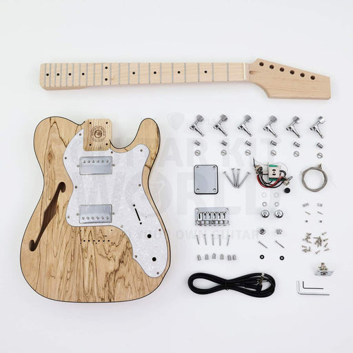Spalted maple semi-hollow guitar kit with two humbuckers, complete kit flat lay