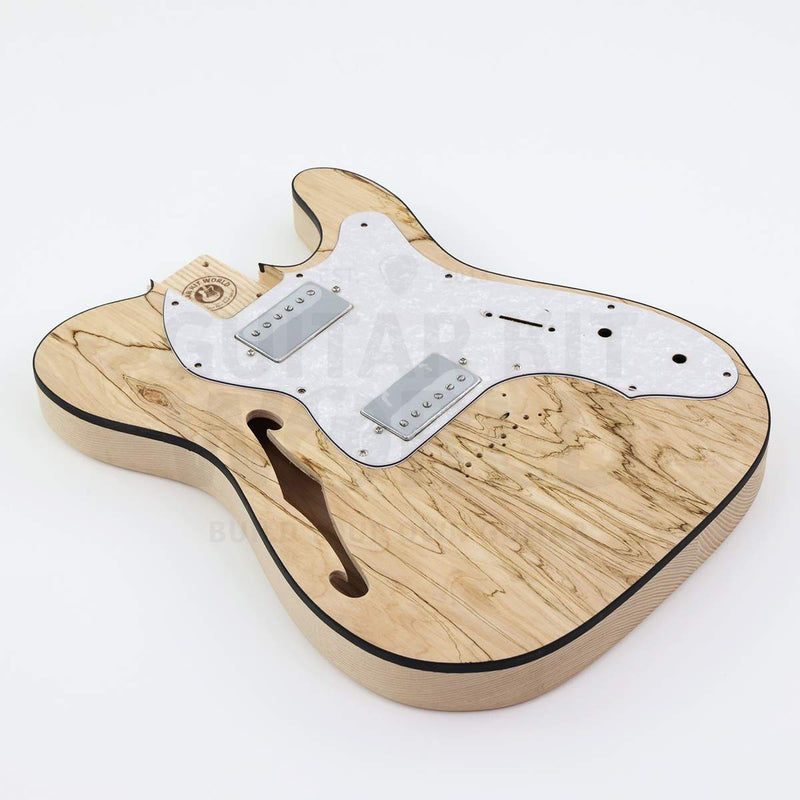 Spalted maple semi-hollow guitar kit with two humbuckers, f-hole and black top binding