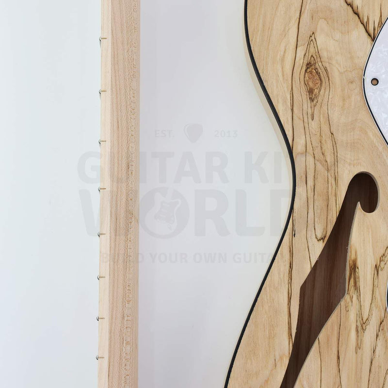 Spalted maple semi-hollow guitar kit with two humbuckers, spalted maple veneer and f-hole detail