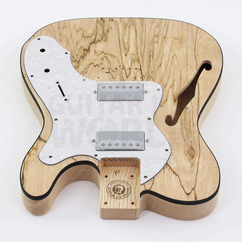 Spalted maple semi-hollow guitar kit with two humbuckers, white pearl pickguard with two humbuckers