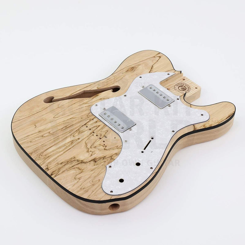 Spalted maple semi-hollow guitar kit with two humbuckers, spalted maple top, angled view