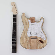Spalted maple top double-cutaway guitar kit, body and neck side by side