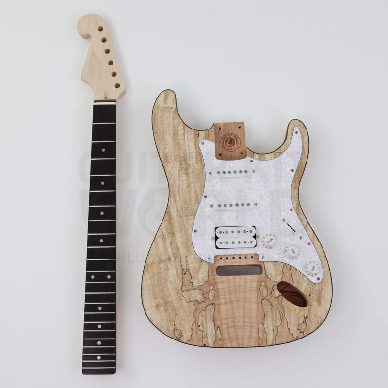 Spalted maple top double-cutaway guitar kit, body and neck side by side