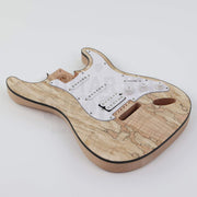 Spalted maple top double-cutaway guitar kit, body at an angle showing the bound spalted maple top