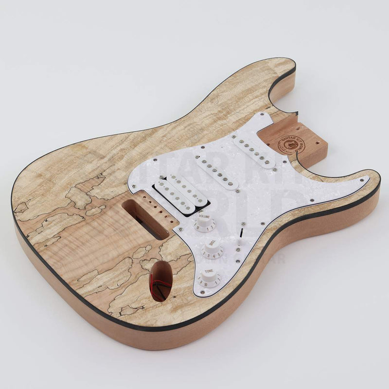 Spalted maple top double-cutaway guitar kit, HSS pickguard with one humbucker and two single-coils