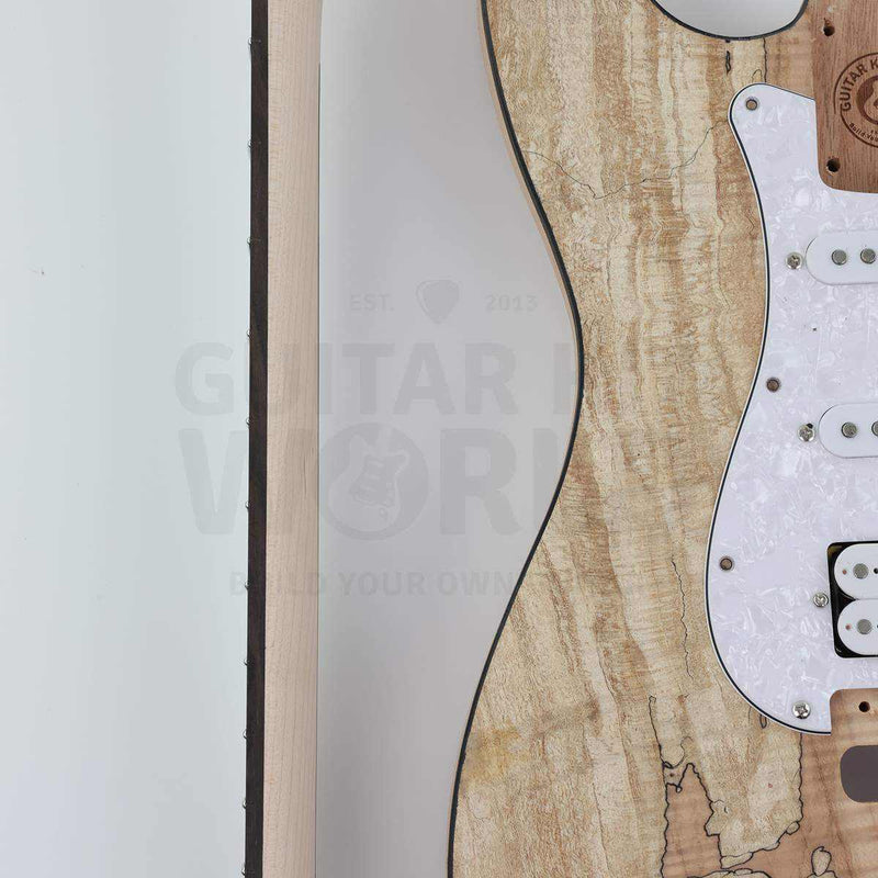 Spalted maple top double-cutaway guitar kit, close-up of the binding and neck edge