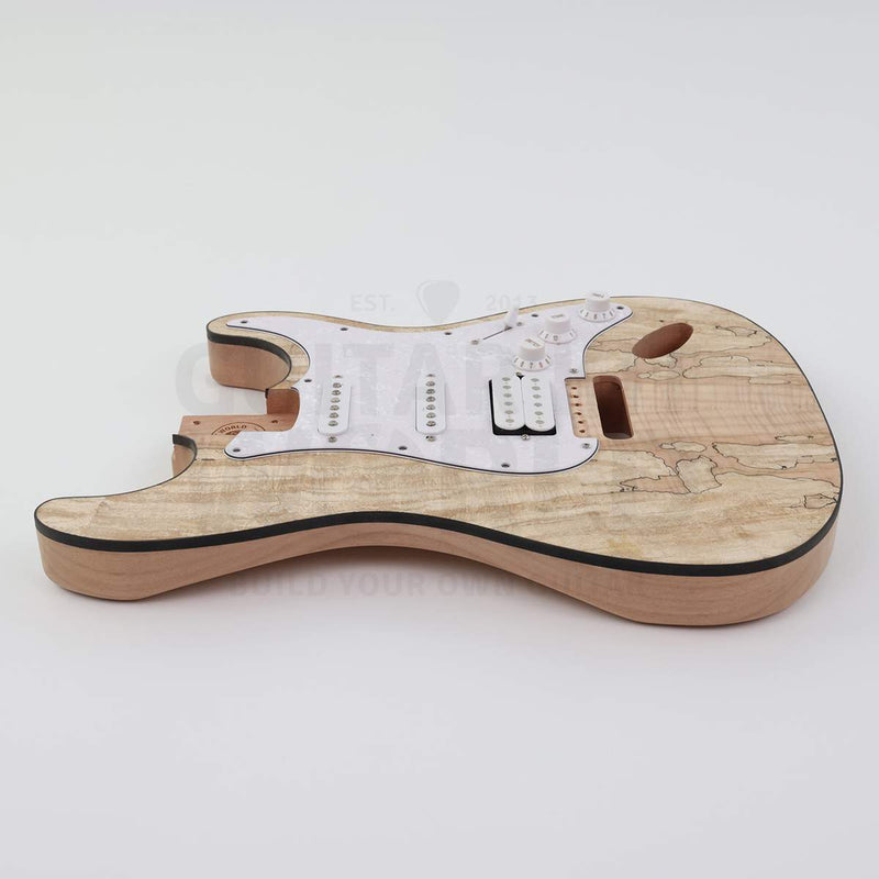 Spalted maple top double-cutaway guitar kit, side view of the black body binding