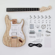 Spalted maple top double-cutaway guitar kit, complete kit with mahogany body, neck, loaded pickguard and hardware