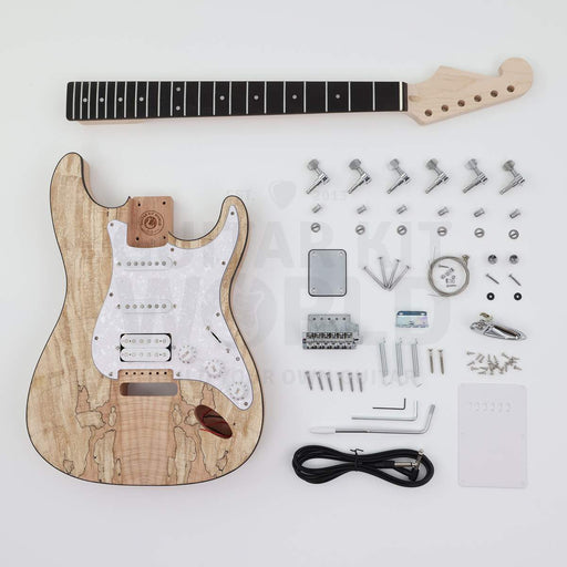 Spalted maple top double-cutaway guitar kit, complete kit with mahogany body, neck, loaded pickguard and hardware