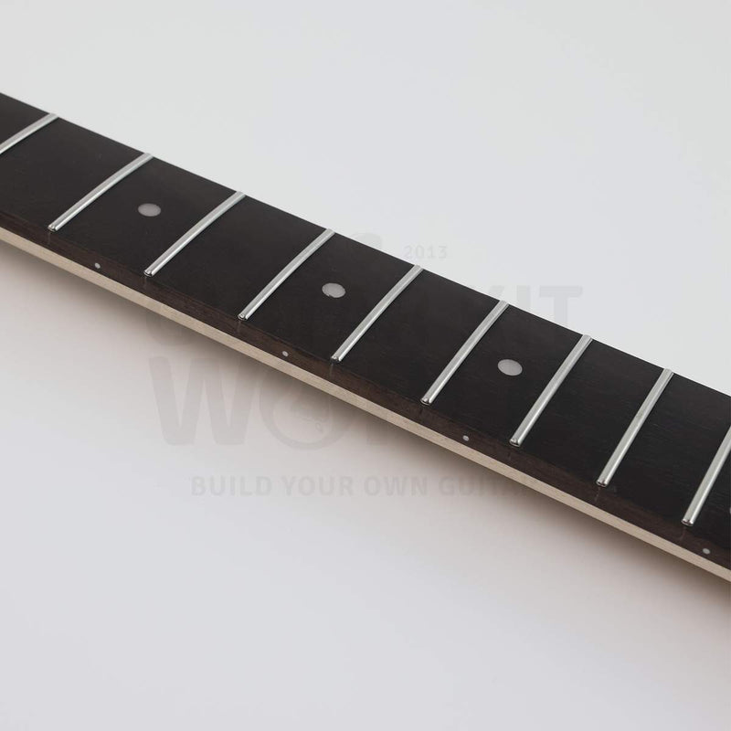 Spalted maple top double-cutaway guitar kit, close-up of the fretboard dot inlays