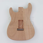 Spalted maple top double-cutaway guitar kit, unfinished mahogany body back with tremolo cavity