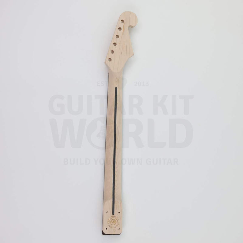 Spalted maple top double-cutaway guitar kit, back of the maple neck with skunk stripe