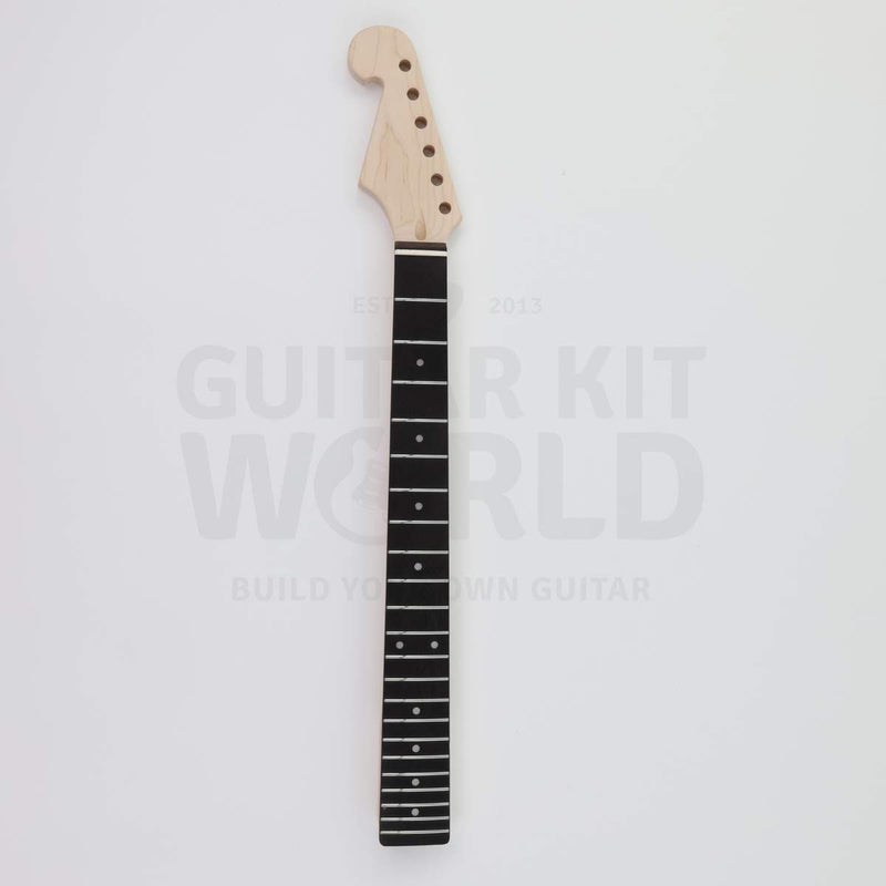 Spalted maple top double-cutaway guitar kit, maple neck with engineered ebony fretboard and white dot inlays
