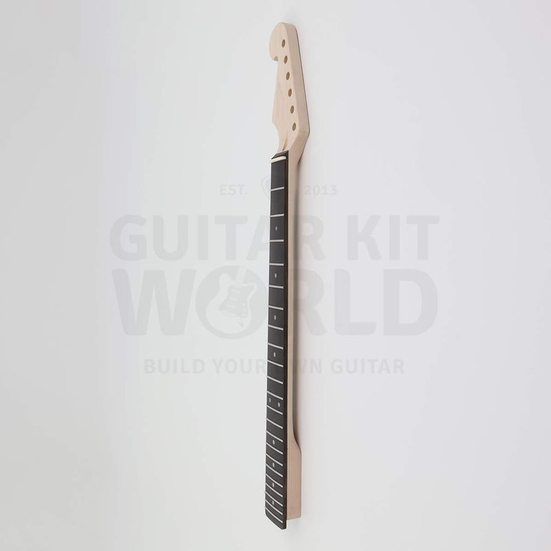Spalted maple top double-cutaway guitar kit, neck side view
