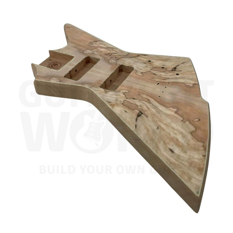 Spalted maple veneer bass body at an angle, neck pocket and two pickup routes - Guitar Kit World
