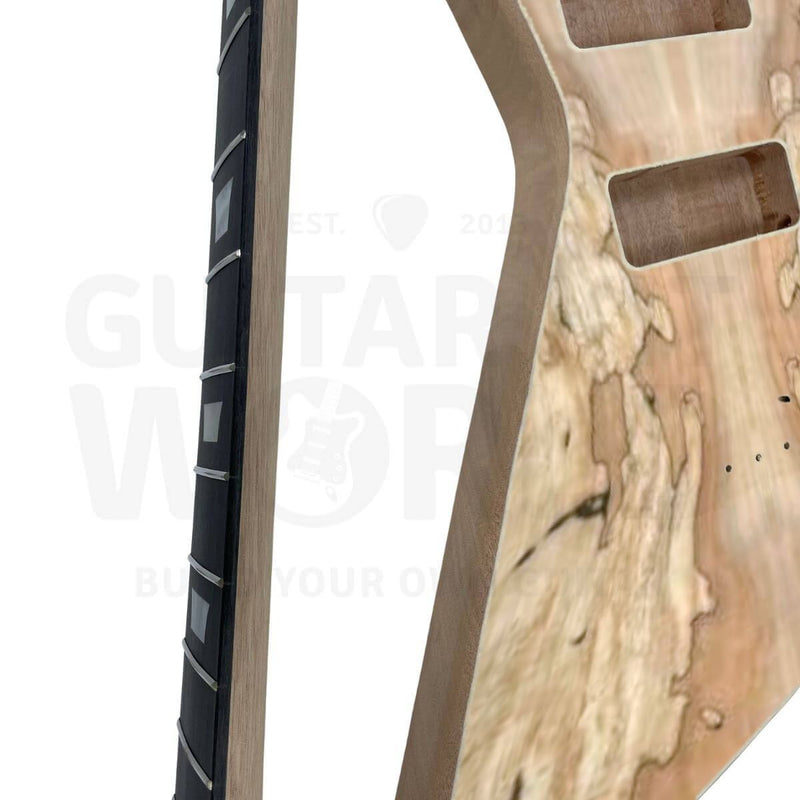Close-up of the spalted maple veneer top and mahogany body edge, bass kit - Guitar Kit World