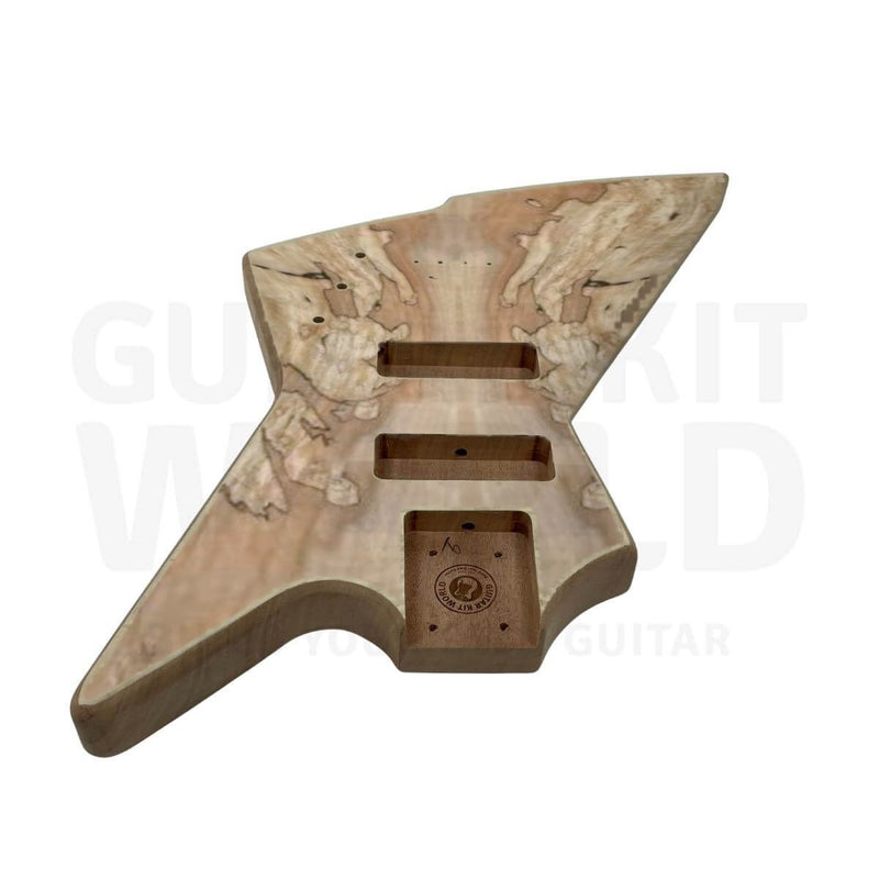 Spalted maple veneer top on the mahogany bass body, top view with pickup routes - Guitar Kit World