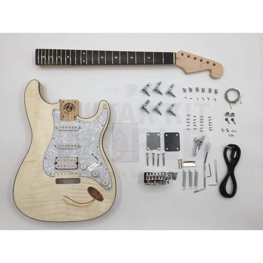 Ash ST style guitar kit with Flame Maple Veneer, Maple Skunk Stripe Neck - Guitar Kit World