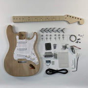 Guitar Kit World - ST Style DIY Guitar Kit - Complete kit flat lay with body, neck, hardware, and electronics