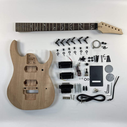 Guitar Kit World - Super ST-style Tree of Life DIY Guitar Kit - Complete kit flat lay with body, neck, hardware, and electronics