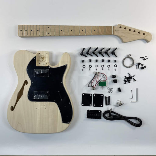 Guitar Kit World - TE Semi-Hollow Style DIY Guitar Kit - Complete kit flat lay with body, neck, hardware, and electronics