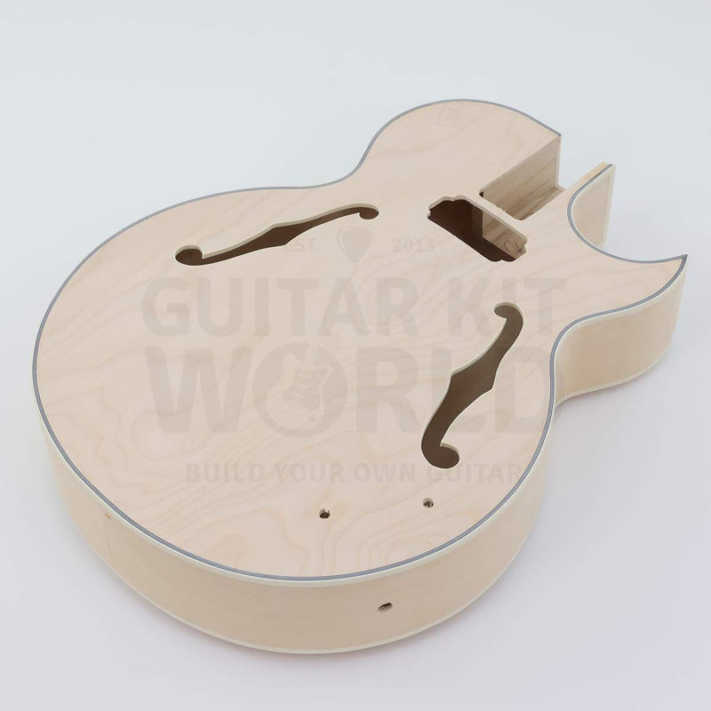 Wide neck hollow body guitar kit with 48 mm nut - body angle showing the cutaway