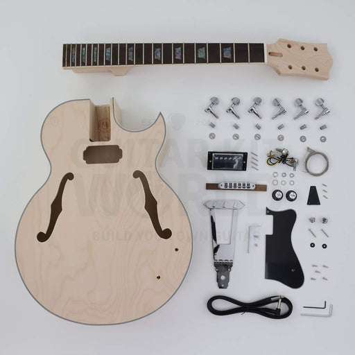 Wide neck hollow body guitar kit with 48 mm nut - complete kit flat lay