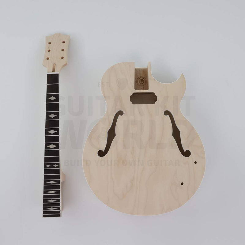 X-braced hollow body electric guitar kit, maple body, ebony fretboard - body and neck