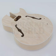 X-braced hollow body electric guitar kit, maple body, ebony fretboard - body angle