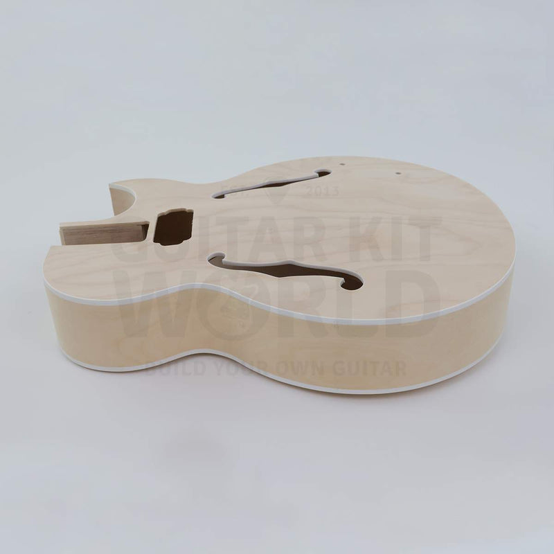 X-braced hollow body electric guitar kit, maple body, ebony fretboard - body side with white binding