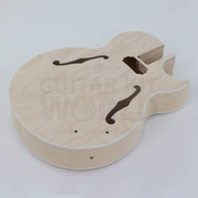 X-braced hollow body electric guitar kit, maple body, ebony fretboard - body angle with side output jack