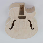 X-braced hollow body electric guitar kit, maple body, ebony fretboard - body top with neck pocket