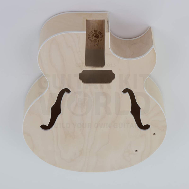 X-braced hollow body electric guitar kit, maple body, ebony fretboard - body top with neck pocket