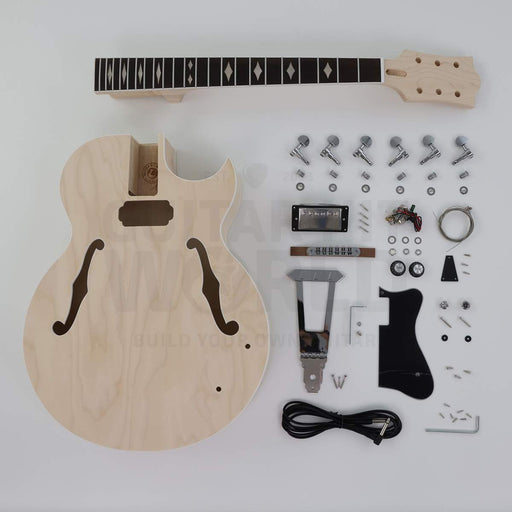 X-braced hollow body electric guitar kit, maple body, ebony fretboard - complete kit flat lay