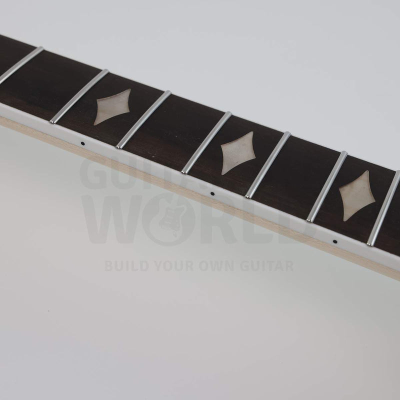 X-braced hollow body electric guitar kit, maple body, ebony fretboard - fretboard close-up