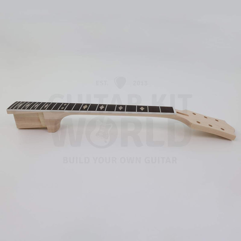 X-braced hollow body electric guitar kit, maple body, ebony fretboard - neck side view