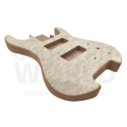 Angled view of the headless bass body: quilted maple top over mahogany sides - Guitar Kit World