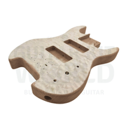 Mahogany headless bass body from the jack side, quilted maple top and soapbar routs - Guitar Kit World