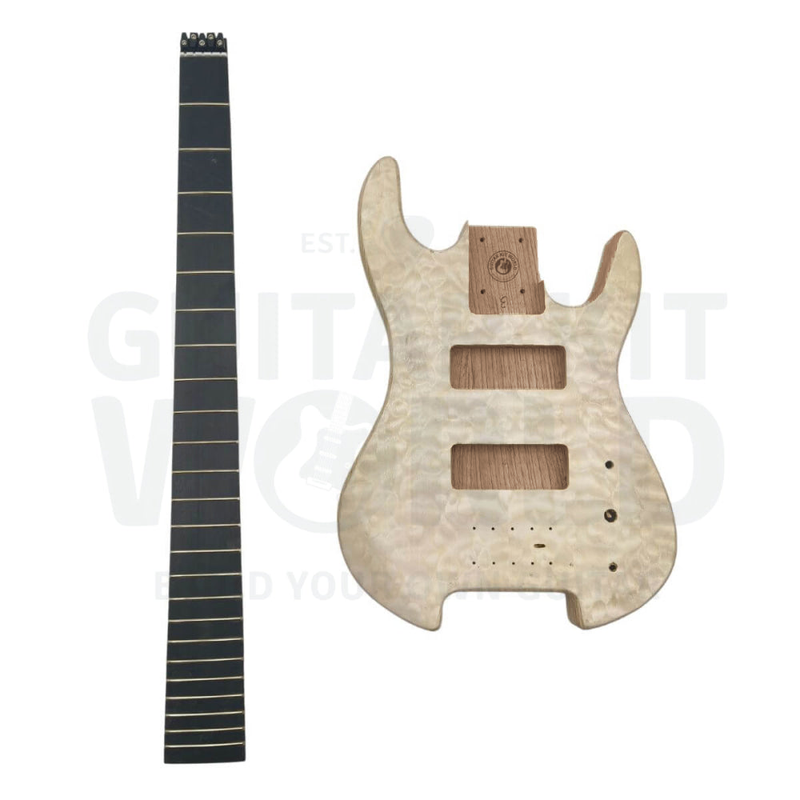 Headless bass neck with ebony fretboard beside the quilted maple top mahogany body - Guitar Kit World