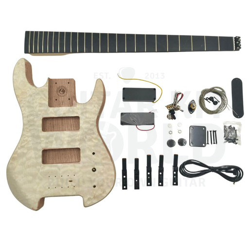 Headless 5-string bass kit contents: mahogany body with quilted maple top, ebony fretboard neck, hardware - Guitar Kit World