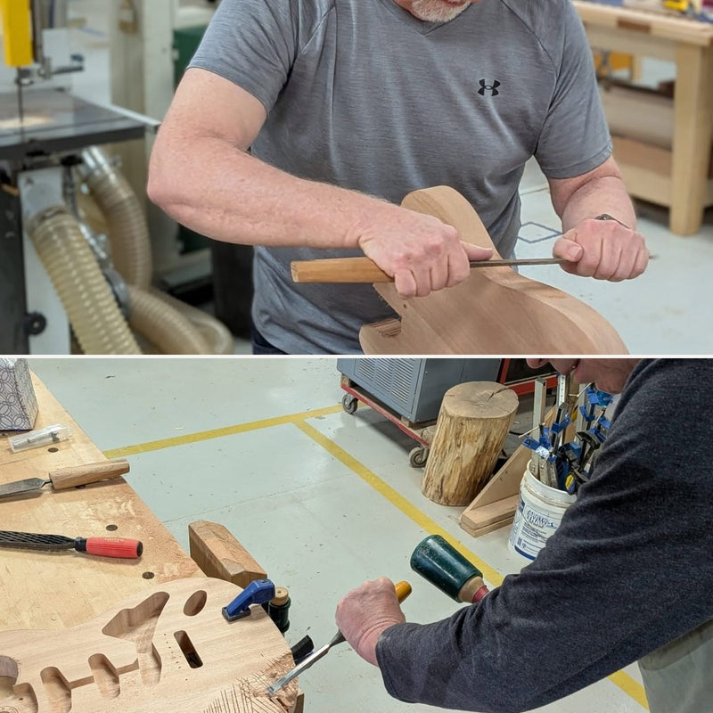 Students shaping guitar bodies with hand tools
