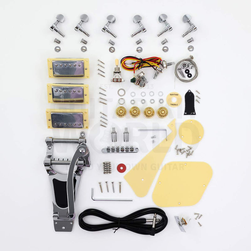 Kit hardware: three humbuckers, vibrato tailpiece, tuners, gold knobs