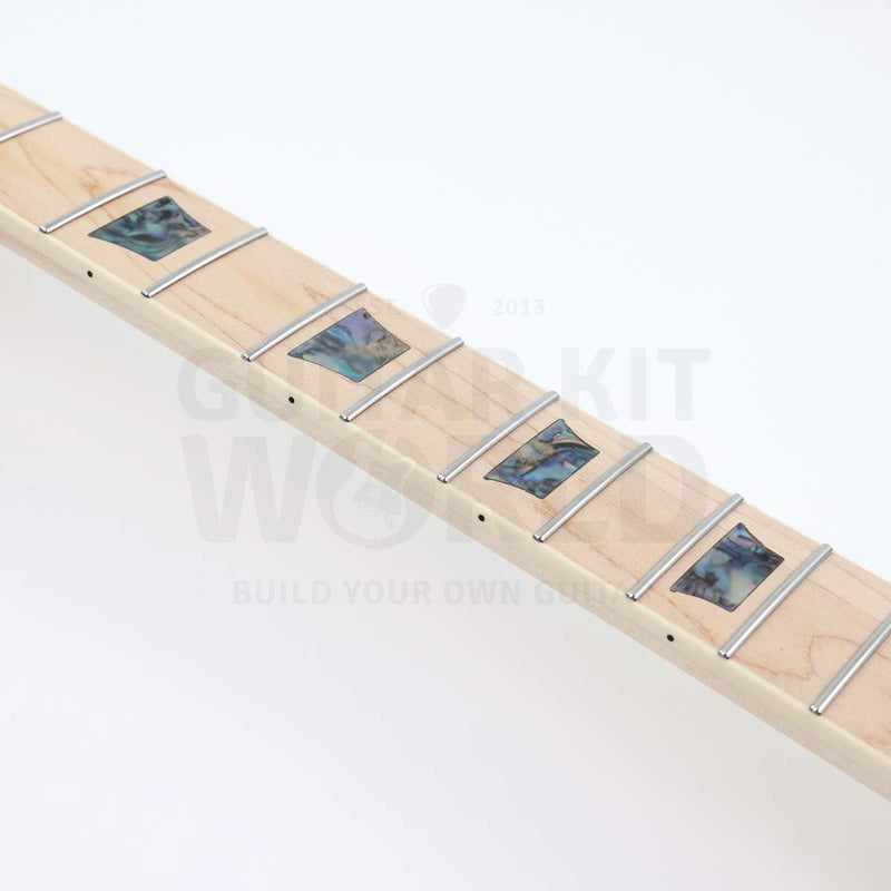Abalone pearloid trapezoid inlays on maple fretboard