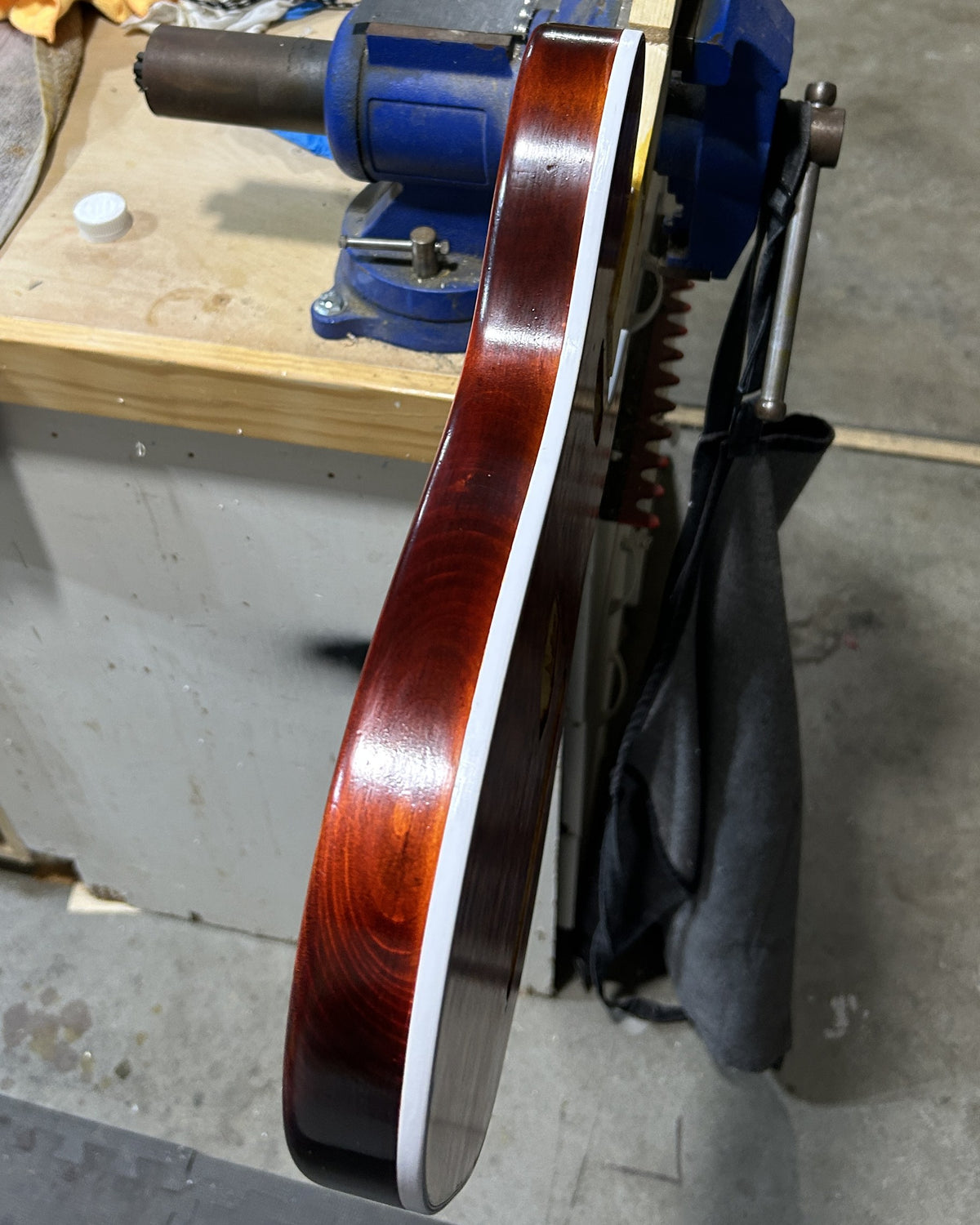 Edge of the same guitar body after scraping: the binding is clean white against the glossy oiled sides