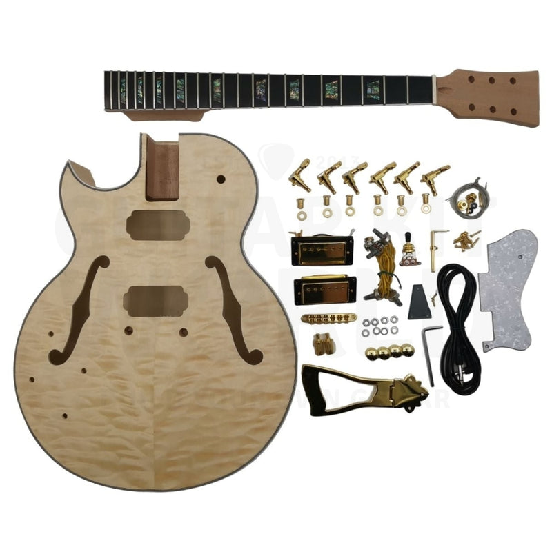 Lefty E175 Hollow Body Guitar Kit w/ F-Holes, Florentine-style Single Cutaway, Quilted Maple Veneer - Guitar Kit World