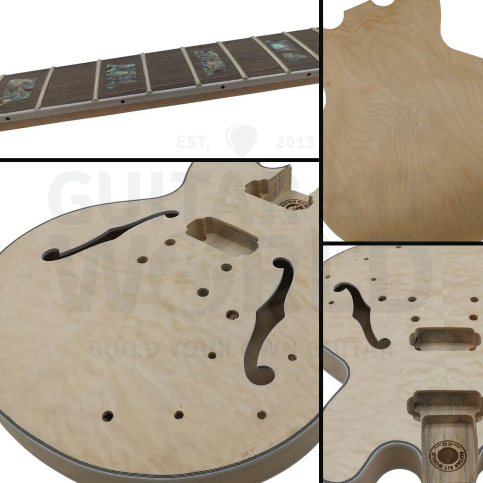 E35 SemiHollow Body Guitar Kit w/ Quilted Maple Veneer, Abalone Pearl