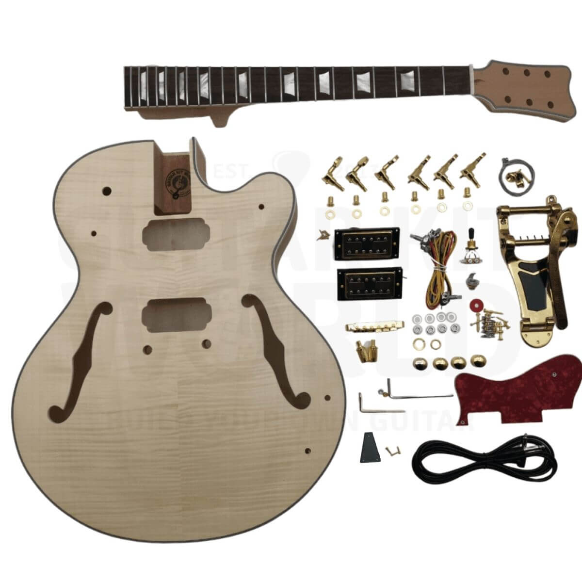 Hollow Body Guitar Kit with Flamed Maple Body Veneer, Rosewood Fretboard