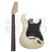 Alder ST style guitar kit with Quilted Maple Veneer, Maple Skunk Stripe Neck