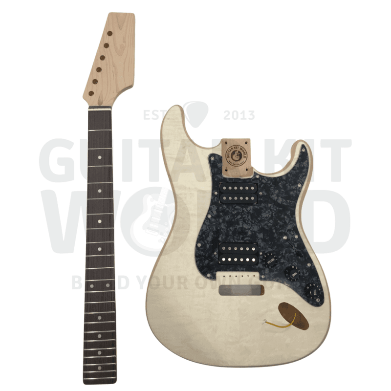 Alder ST style guitar kit with Quilted Maple Veneer, Maple Skunk Stripe Neck