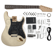 Alder ST style guitar kit with Quilted Maple Veneer, Maple Skunk Stripe Neck